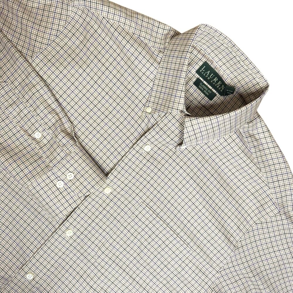 Lauren Ralph Lauren Mens Size 16 Dress Shirt Tattersall Plaid Tan Purple Preppy